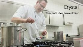  Presentation with pancake - PPT theme enhanced with chef preparing pancake dessert pouring dough into pan in kitchen background and a light gray colored foreground