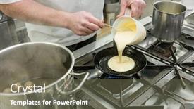  Presentation with pancake - Slide set with chef preparing pancake dessert pouring dough into pan in kitchen background and a gray colored foreground