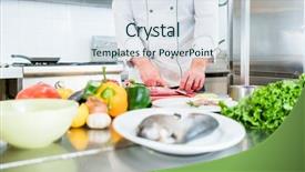  Presentation with cooking chef - Presentation consisting of chef preparing vegetables and fish background and a sky blue colored foreground