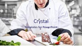  Presentation with dessert - PPT layouts having chef putting mint leaf with his dessert in the kitchen background and a sky blue colored foreground