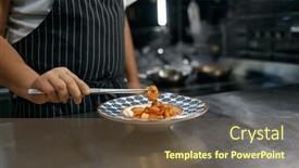  Presentation with restaurant kitchen - Slide deck having chef-putting-spaghetti-carbonara background and a tawny brown colored foreground