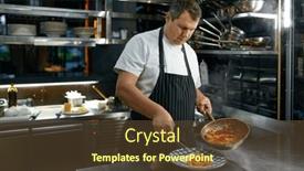  Presentation with restaurant kitchen - Slide set enhanced with chef-putting-spaghetti-carbonara background and a tawny brown colored foreground