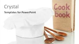  Presentation with cook chef - Amazing theme having chef's hat with spoons and cook book isolated on white backdrop and a white colored foreground