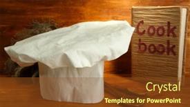  Presentation with cookbook - Colorful presentation theme enhanced with chef's hat with spoons and cookbook on wooden background backdrop and a tawny brown colored foreground