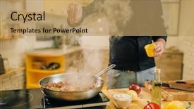  Presentation with frying - Cool new slide set with chef salted meat with vetables backdrop and a coral colored foreground