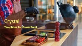  Presentation with grilling - Presentation theme featuring chef-salts-steak-before-grilling background and a tawny brown colored foreground