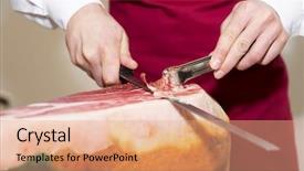  Presentation with chef - Presentation design featuring chef slicing jamon prosciutto focus is mostly on hands background and a coral colored foreground