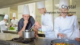  Presentation with cooking chef - Slide deck with chef supervising trainees cooking background and a mint green colored foreground