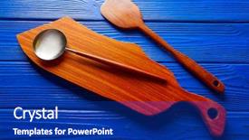  Presentation with wood board - PPT theme featuring chef tool wood spatula and table board on a blue wooden background background and a navy blue colored foreground