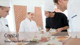  Presentation with youth job training - Presentation theme featuring chef training students in restaurant background and a coral colored foreground