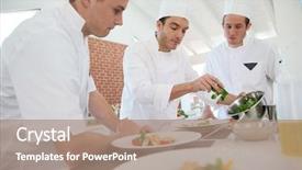  Presentation with restaurant kitchen - PPT theme enhanced with chef training students in restaurant background and a coral colored foreground