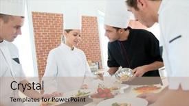  Presentation with restaurant kitchen - PPT layouts featuring chef training students in restaurant background and a  colored foreground