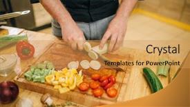  Presentation with mushrooms - Slide set having chef with knife cuts mushrooms background and a  colored foreground