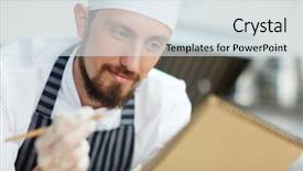  Presentation with recipe - Cool new PPT theme with chef writing recipe or menu backdrop and a light gray colored foreground