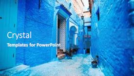  Presentation with city street - PPT theme having chefchaouen-blue-city-of-morocco background and a teal colored foreground