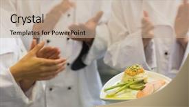  Presentation with salmon dish - Amazing slide set having chefs applauding a salmon dish in commercial kitchen backdrop and a mint green colored foreground