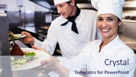  Presentation with order - Colorful PPT layouts enhanced with chefs handing dinner plates backdrop and a sky blue colored foreground
