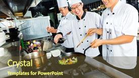  Presentation with hotel kitchen - Beautiful PPT theme featuring chefs in hotel or restaurant backdrop and a tawny brown colored foreground