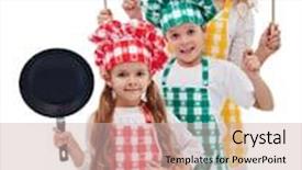  Presentation with team kids - Slide deck enhanced with chefs team ready to cook - kids and their mother holding kitchen utensils background and a soft green colored foreground