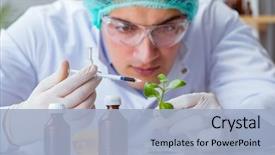  Presentation with biotechnology lab - PPT theme with chemical - biotechnology scientist working background and a light blue colored foreground