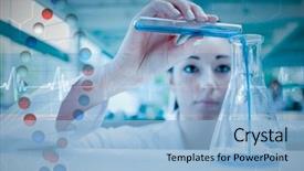  Presentation with blue line - Slide deck with chemical - scientist pouring a liquid background and a light blue colored foreground