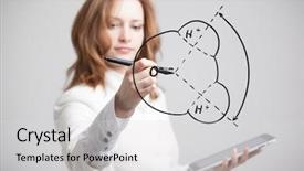  Presentation with bond - Presentation design featuring chemical bond - young woman draws water molecule background and a light gray colored foreground
