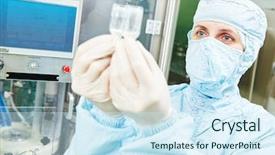  Presentation with engineering chemical - Beautiful slide set featuring chemical engineering - pharmaceutical factory woman worker inspecting backdrop and a cool aqua colored foreground