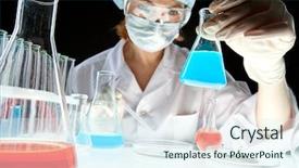  Presentation with liquid - Slides consisting of chemical equipment - laboratory worker looking at bottle background and a sky blue colored foreground