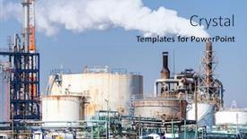  Presentation with plant structure - Slide deck enhanced with chemical factory plant with gas storage and structure of pipeline with smoke from smokestack in kawasaki city near tokyo japan background and a light blue colored foreground