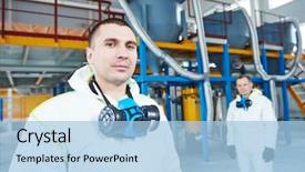  Presentation with chemical industry - Beautiful slides featuring chemical industry workers at factory backdrop and a light blue colored foreground