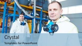  Presentation with factory workers - PPT theme having chemical industry workers at factory background and a light blue colored foreground