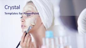  Presentation with face mask - Theme with chemical peel - happy woman with a towel background and a sky blue colored foreground