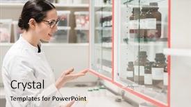  Presentation with pharmacist - PPT theme enhanced with chemical pharmaceutical substance during inventory background and a lemonade colored foreground