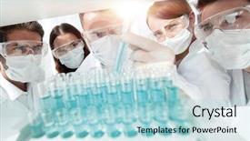  Presentation with chemical - Slides featuring chemical properties - closeup group of medical workers background and a  colored foreground