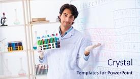  Presentation with sell lab coats - Cool new slides with chemical properties - young chemist working backdrop and a  colored foreground
