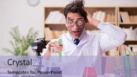  Presentation with mad scientist - PPT layouts enhanced with chemical reaction - mad crazy scientist doctor doing background and a light blue colored foreground