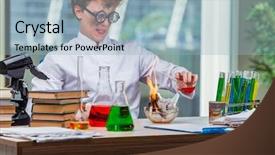  Presentation with chemical reaction - Slide set having chemical reaction - young crazy chemist working background and a light blue colored foreground