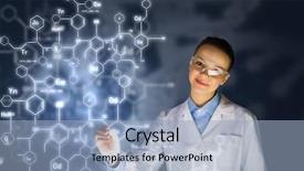  Presentation with chemistry - Slide deck enhanced with chemical reaction - young woman researcher in medical background and a light blue colored foreground