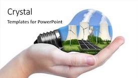  Presentation with resources - Colorful presentation theme enhanced with chemical reactor - hand holding eco lightbulb isolated backdrop and a white colored foreground