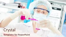  Presentation with chemical safety - Presentation design featuring chemical safety - female medical scientific researcher holding background and a lemonade colored foreground