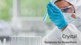  Presentation with test tube laboratory - Slides consisting of chemical safety - protected science student holding background and a light gray colored foreground