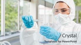  Presentation with veterinary laboratory - Beautiful presentation featuring chemical safety - protected scientist pouring liquid backdrop and a light blue colored foreground