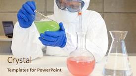  Presentation with chemical safety - Slide deck with chemical safety - scientist in protective uniform goggles background and a lemonade colored foreground