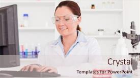  Presentation with report - Cool new PPT theme with chemical type - beautiful scientist typing a report backdrop and a  colored foreground