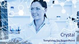  Presentation with cute science - Beautiful PPT theme featuring chemical type - science graphic against cute scientist backdrop and a sky blue colored foreground