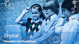  Presentation with school kids - Audience pleasing presentation design consisting of chemical type - science graphic against school kids backdrop and a teal colored foreground