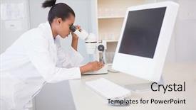  Presentation with microscope - Presentation design with chemical type - scientist looking through a microscope background and a light gray colored foreground