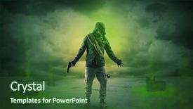  Presentation with abandoned - Presentation theme consisting of chemical weapons - masked unrecognizable guard background and a forest green colored foreground