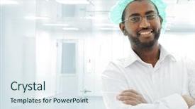  Presentation with doctor in hospital health insurance related icons healthcare person saving medical - Cool new PPT theme with chemicals storage - arabic muslim doctor at hospital backdrop and a sky blue colored foreground