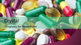  Presentation with pills - Slide set enhanced with chemis - many color pills close up background and a seafoam green colored foreground